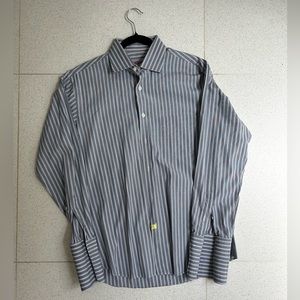 Custom Tailored Fit-Well dress shirt. Grey/blue/white striped. Size 16 neck